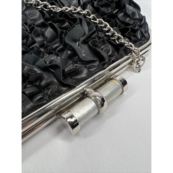 Ruffle Black￼ Purse Shoulder Bag Strap Silver Chain Ruffle Accent - Picture 5 of 8
